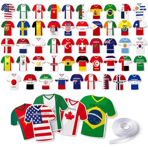 48 Pcs Global Football Bunting Set - International Jersey Flags with 20m Ribbon for Soccer Decorations, Tournament Party Supplies, Match Day Celebrations & International Sporting Events