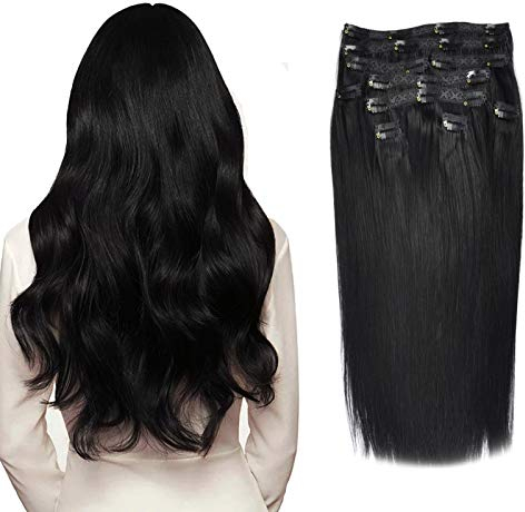 Beyond Your Thought Clip in Extensions Echthaar, 100% Remy Echthaar für haarverlängerung echthaar glatt Haarteile für Komplette Kopf, #1, Schwarz, 35cm, 120g/10 Stück