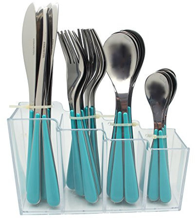 EXZACT Besteck mit Ständer/ 24 STK Rostfrei Stahl Besteck Set in Einem Plastikhalter - Farbige Griffe - 6 x Gabeln, 6 x Messer, 6 x Löffel, 6 x Teelöffel- Blau (EX153 x 24)
