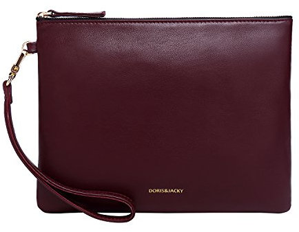 Doris&Jacky Damen Echtes Leder Clutch Schaffell Geldbörse Abendtasche mit Handschlaufe (WeinRot)