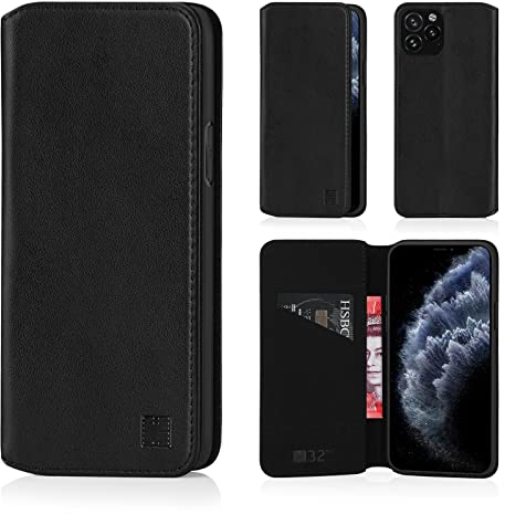 32nd Classic Series 2.0 - Real Leather Book Wallet Flip Case Cover For Apple iPhone 11 Pro (5.8), Real Leather Design With Card Slot, Magnetic Closure and Built In Stand - Black