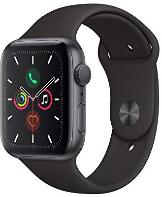 Apple Watch Series 5 GPS, 44mm Space Grey Aluminium Case with Black Sport Band - S/M & M/L