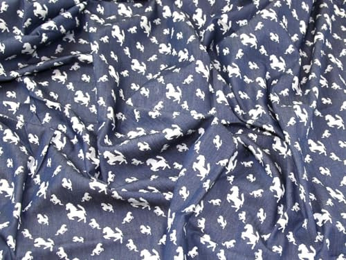Minerva Chambray Denim-Stoff, Pferde, Meterware, Blau