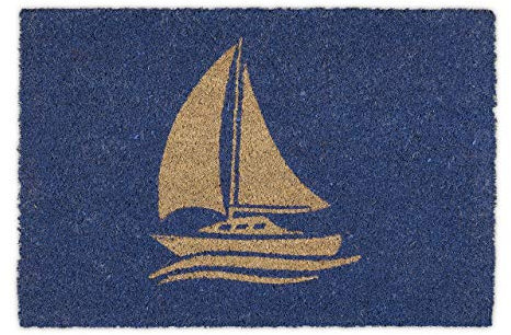 Relaxdays Fußmatte Kokos, mit Segelschiff-Motiv, Türmatte außen & innen, Maritime Kokosmatte, BxT: 60x40 cm, blau/Natur, 1 Stück