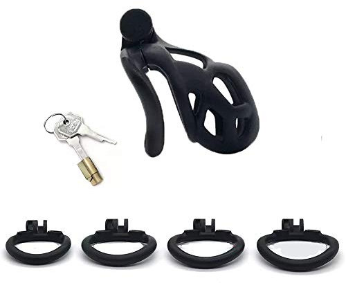 ChicLSQ Belüftung Peniskäfig Keuschheitsgürtel Set mit 4 Cockringe Klein Keuschheit Keuschheitskäfig Mann Bondage Extrem für Männer Keuschheit Penis Käfig Schwarz (Gebogener Ring-S)