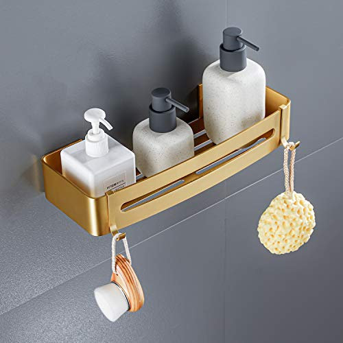 Étagère de douche murale en or brossé avec crochets, perçage ou adhésif