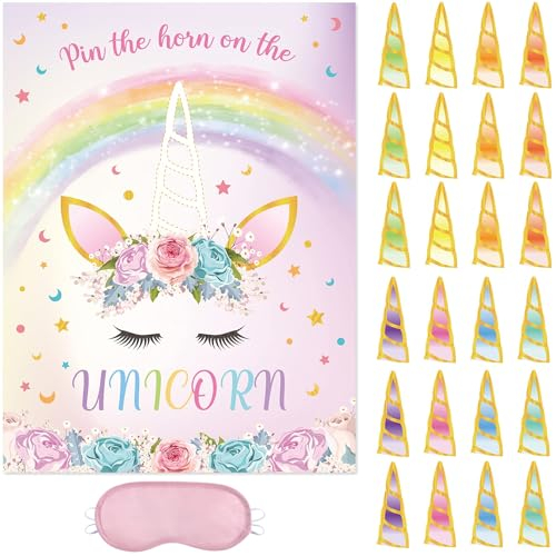 WERNNSAI Pin the Horn on the Unicorn Game - 51 × 73 cm Einhorn Partyspiel für Kinder Mädchen mit 24 Hörnern Geburtstagsparty Supplies