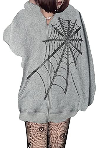 ORANDESIGNE Damen Kapuzenjacke Hoodie Jacke Hip Hop Boyfriend Style Oberteile Basic Sweatjacke Übergangsjacke Gothpunk Spinnennetz Hoodie Harajuku Mantel Reißverschluss Sweatshirt G Grau M
