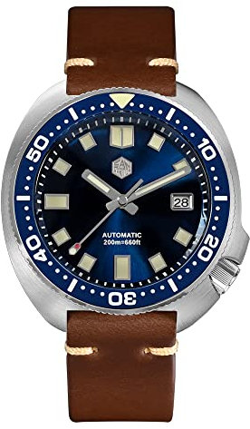 San Martin Upgraded SN047G Thunfisch Taucheruhr 20 Bar Edelstahl Herren Automatik Mechanisch Saphir Horween Leder Leuchtend (Blue)