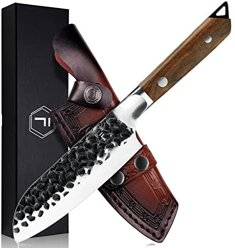 Kochmesser Profi Messer FANTECK Sushi Messer, Handgemacht Geschmiedet Santokumesser Carbon Edelstahl Scharfe Messerklinge 13cm Santoku Küchenmesser mit Ergonomischer Griff