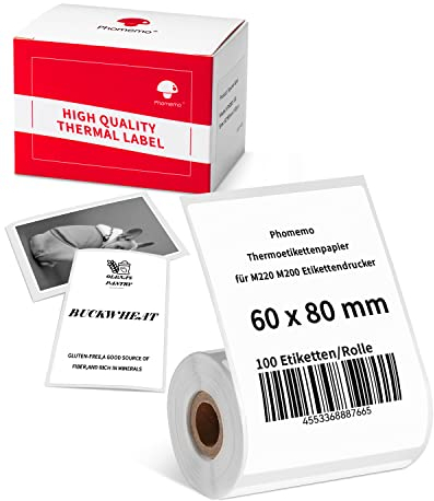 Phomemo M220 Thermo Etiketten, Multifunktionales Selbstklebendes Thermoetikettenpapier Kompatibel mit M220 M250 M221 M421 Etikettendrucker für Lager,Adressetikett, 1 Rolle, 60x80mm,100 Etiketten/Rolle