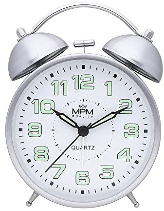 MPM Quality, Design Wecker, Cooper Colour Alarm Clock, Silber, Retro Analog Deko, Luminiszierende Zahlen, Doppel-Alarm, Vintage, Quarz-Uhrwerk, Nachtlichtfunktion, 150 x 110 x 53 mm