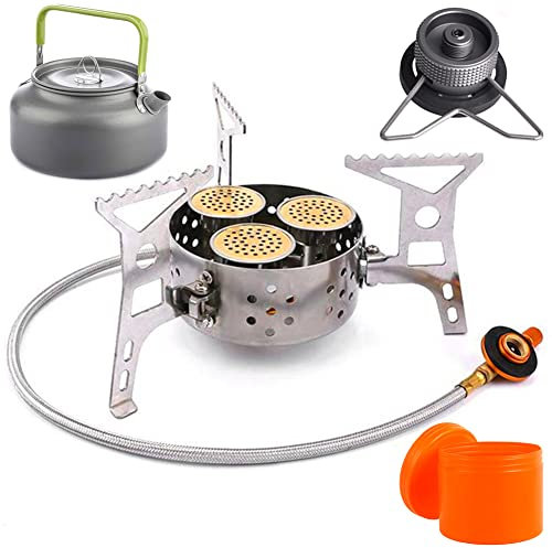 Tragbarer Gasherd, Zusammenklappbar Einstellbar Flamme Rostfreier Stahl heizt schnell auf Winddicht Kochherd mit Adapter, Wandern Camping Draußen Picknick Küche Ausrüstung,With kettle,9KW