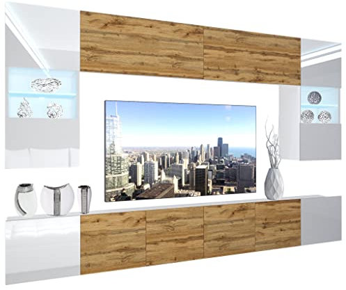 BELINI Wohnwand Vollausstattung Wohnzimmer-Set Moderne Schrankwand mit LED-Beleuchtung Anbauwand TV-Schrank Weiß/Eiche Wotan Top