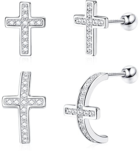 Sllaiss 925 Sterling Silber Kreuz Ohrstecker Ohrringe Zirkonia Ohrstecker für Frauen Klein Knorpel Ohrringe Schraubverschluss Ohrringe Weißgold Ohrstecker Set