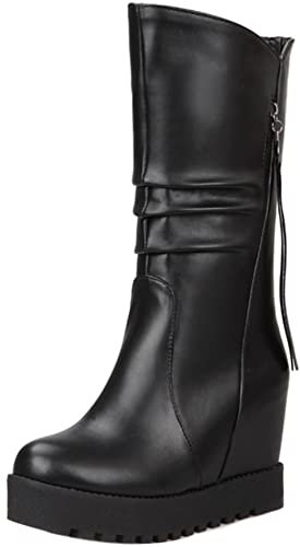 Lroey Reoly Stivali da Donna a Metà Polpaccio con Zeppa, Stivali Invernali Casuale Senza Chiusura Stivali Alti Tacco Alto Punta Rotonda con Plateau 290 Nero-Dl Numero 40 EU