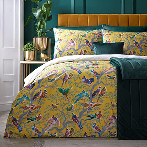 Laurence Llewelyn-Bowen - Yellow Birds Duvet Cover - Double Bedding Size (200 x 200cm) - Soft 100% Cotton Sateen - 2 Pillowcases - 200 Thread Count - Luxury Bedding - Bird Duvet Cover in Yellow