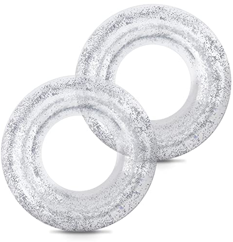 2Pcs Schwimming Ring Erwachsene, Sternenklarer Himmel Regenbogen Pailletten Schwimmenring, Transparenter Floating Ring,Dauerhafter Aufblasbarer Pool Schwimmen (Silber)