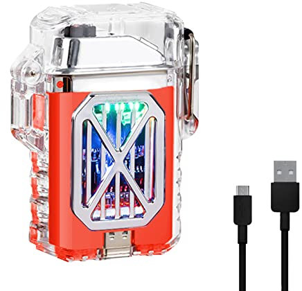 SKRFIRE Electronic Rechargeable Transparent Waterproof Double Arc Lighter LED Power Display Type-C Rechargeable Lighters Outdoor Windproof Lighter for Boyfriends and Friends（orange）