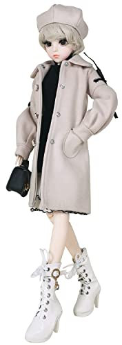 Proudoll 1/3 BJD-Puppe, 60 cm, Kugelgelenk, SD-Puppen, bewegliche Gelenke, Action-Figuren, Caroline, Barett, Perücke, Mantel, Kleid, Handtasche, Stiefel