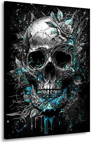 Kunstgestalten24 | Totenkopf Silver Style Wandbild | Leinwandbild mit Echtholz-Keilrahmen | Wandbild Gemälde Kunst Art | Hochwertige Kunstdrucke | XXL Bilder auf Leinwand | 30x40x2cm