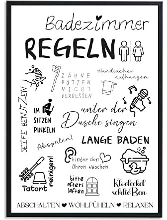 1M® Poster - Badezimmer Deko Bilder - stilvoller Kunstdruck - schwarz weiß Wandbilder - WC Deko - DIN A4 Regeln