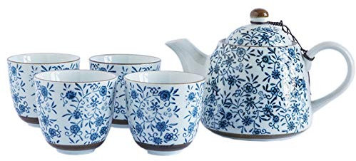 Vaisselle à thé en porcelaine vintage Service à thé Kungfu fait à la main pour adultes Fleurs bleues Service à thé en céramique chinoise 1 théière avec infuseur et 4 tasses à thé Décoration