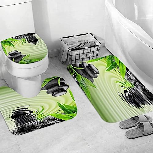 EKSED Badteppich 3 Stück Weiche saugfähige Badematten,Zen Basaltsteine und Bambus,rutschfeste Badematte Teppiche & Toilettendeckelabdeckung Set Waschbar