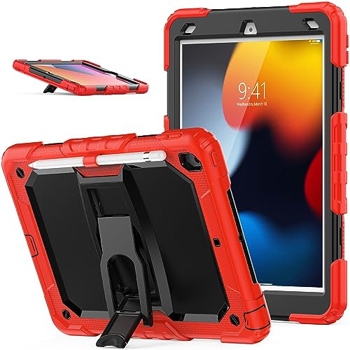 SEYMAC stock for iPad 9th/8th/7th Generation Case 10.2 inch, Full Body Shockproof Cover with Screen Protector, Pencil Holder & Folding Stand for iPad 10.2 Case 2021/2020/2019, Red