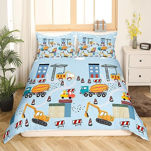 Enfants poussette 140x200cm Excavatrice Construction Housse de Couette Adolescent Microfibre Bleu Voiture Literie Enfants Taie d'oreiller 65x65, fun bébé Parure de Lit Véhicules de construction