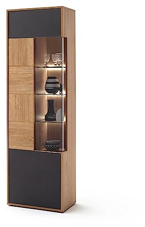 Lomadox Vitrine 1-türig in Eiche Bianco teilmassiv, B/H/T ca. 64/207/37 cm