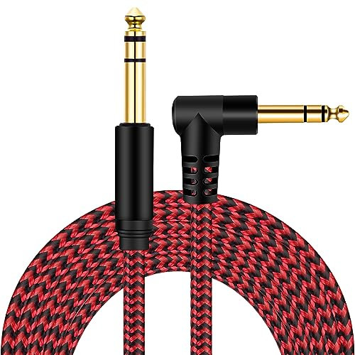 1/4 Inch TRS Instrument Cable 33Ft Red,BELIPRO 6.35mm TRS to 6.35mm TRS Stereo Audio Cable Male to Male Right-Angle-to-Straight for Electric Guitar, Bass, Keyboard,Mixer,Amplifier,Speaker,Equalizer.…