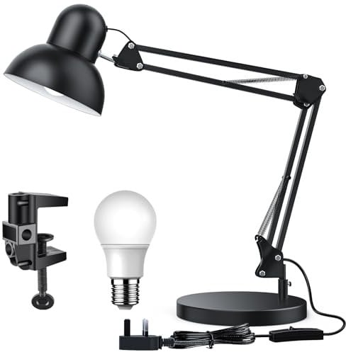 LONGTOO Bigger Table Lamp with E27 Screw Bulb, Flexible Clamp on Desk Light, Adjustable 65cm Swing Arm Light for Office, Bedside, Studying, and Reading