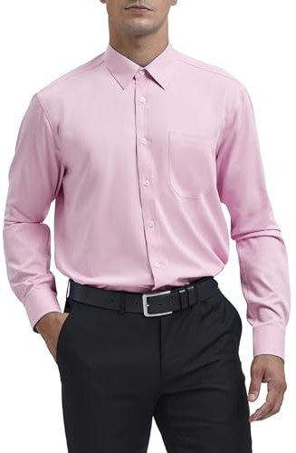 HISDERN Chemise Rose à Manches Longues pour Hommes Chemise Habillée en Fibre de Bambou Coupe Régulière Chemise sans Repassage avec Poche,3XL