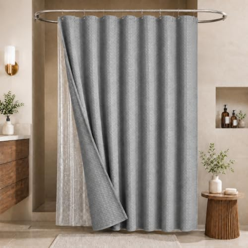 LaCyan Rideau de Douche 3 en 1 imperméable à Tissage gaufré et Doublure Transparente avec 12 Crochets en Acier Inoxydable Double Face pour Salle de Bain – 183 cm – Tissu Polyester Robuste – 183 x 183
