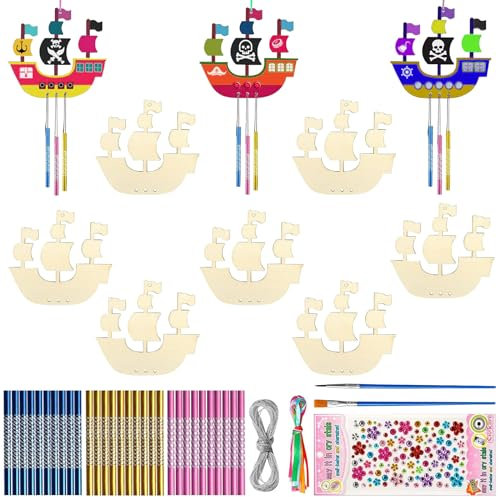 DOWNDRIFT Windspiel Bastelset Holz 10 Stück Piratenschiff Bastelset DIY Handwerk für Kinder Windspiel Bastelsets Kinder Piratenschiffe aus Handwerk Bemalen Holzbastelsets Piraten Kindergeburtstag
