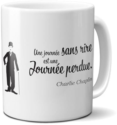 DECOHO Mug citation Charlie Chaplin Une journée sans rire est une journée de perdue - 33 cl, céramique - Imprimé en France