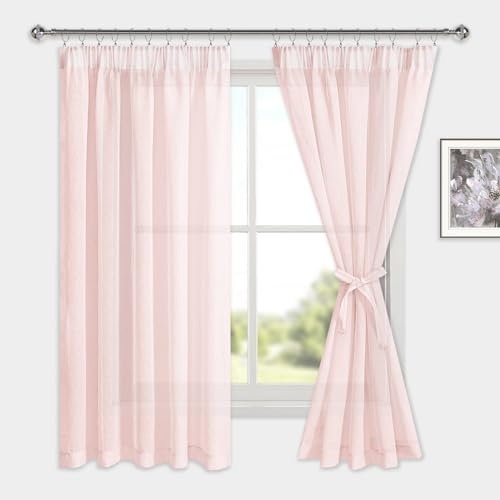 DWCN Pink Voile Curtains Pencil Pleat Curtains with Tie Backs Net Curtain for Kids Bedroom Short Curtain for Windows 2 Panels, Pink, W52 x L63 Inch