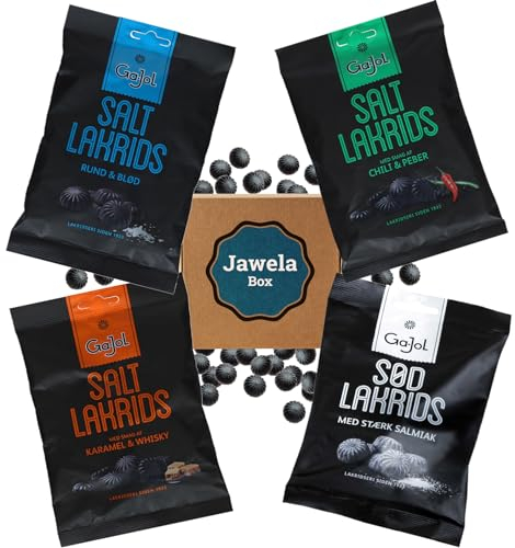 Ga-Jol Lakdris Mix Set 4 x 140g – Original dänisches Gajol Lakritz - Salt Lakrids, Karamel & Whisky, Chili & Peber, Sød Lakrids Salmiak - Jawela Probierpaket