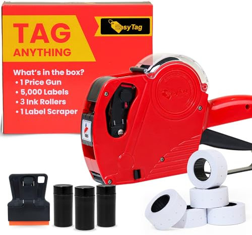 Easy Tag Preisauszeichner, 8 Ziffern 5500EOS Preisauszeichner mit 5.000 weißen Etikettenaufklebern, 3 Tintenrollern, 1 Schaber, Preisauszeichnungspistolen für Einzelhandel, Hofverkauf (Rot)