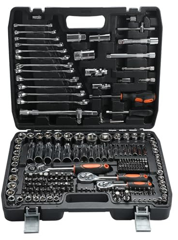 216-teiliger Steckschlüsselsatz mit 1/4 Zoll, 1/2 Zoll und 3/8 Zoll Antrieb, metrische und imperiale CR-V-Steckschlüssel mit Schnellspann-Ratschenschlüssel, kompakter Steckschlüsselsatz für Autorep