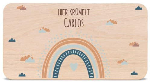 GRAVURZEILE - Bedrucktes Frühstücksbrettchen aus Holz - Regenbogen - Personalisiert mit Namen - Lebensmittelechter umweltfreundlich zertifizierter Druck (GreenGuard Gold) - Farbe: Blau