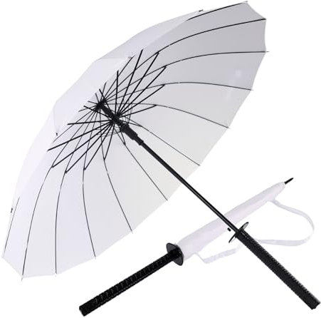 Japanwelt Samurai Regenschirm - Großer japanischer Schirm mit Katana-Design, Anime Schirm mit Gurt, für Erwachsene & Kinder, 100 cm Durchmesser (Weiß)