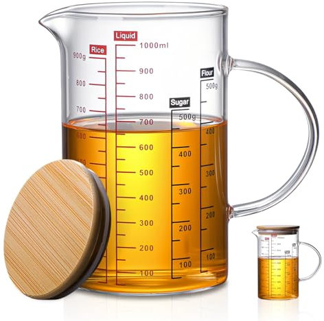 WANDGU 1000ml Tasse à Mesurer en Verre: Tasse à Mesurer en Verre avec Couvercle, Verre à Mesurer en Verre Borosilicaté avec Poignée, Verre Mesureur avec Bec Verseur, Verre Doseur de Lait pour Jus