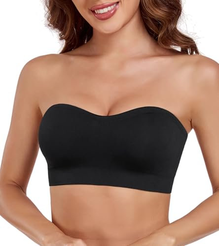 Lemorosy Women's Strapless Bra Padded Wirefree Seamless Adjustable Supportive Bandeau Tube Bra(Black,L)