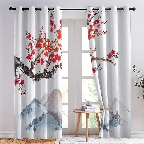 ZZTBQ Japonais Rideau Occultant, Imprimée Mont Fuji Fleur de Cerisier Décoration de Fenêtre - Lot de 2 Rideaux Anti Froid Panneaux de Rideaux Intérieurs, 117x183, Draperies à Oeillets