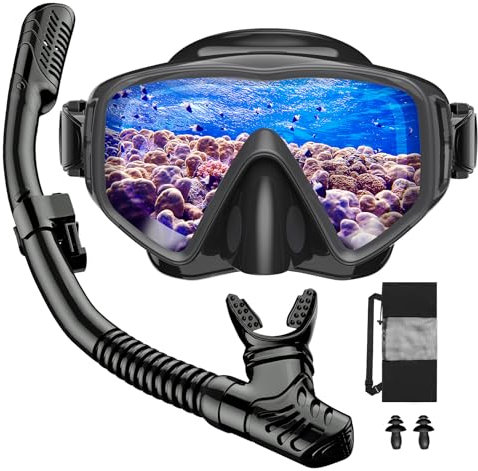 JEMULICE Masque de Plongée pour Adulte, Masque Plongee Anti-Buée et Anti-Fuite avec Champ de Vision Panoramique à 180°, Masque Plongée Adulte avec Tuba de Plongée Étanche, Masque Tuba Unisexe