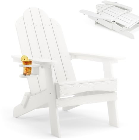 LUE BONA Adirondack Stuhl Klappbar, HDPS Gartensessel, Wetterfest Gartenstuhl mit Getränkehalter, für Garten, Terrasse, Balkon, Weiß