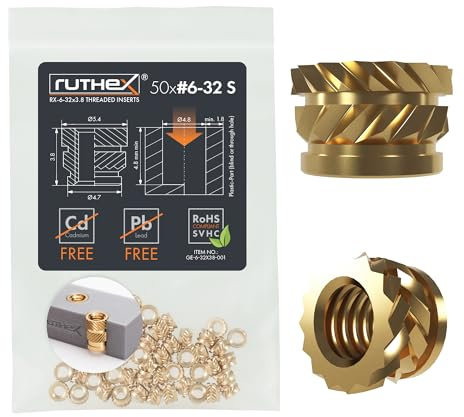 ruthex #6-32 SHORT Insert fileté en pouces (UNC) – 50 douilles filetées RX-6-32 x 3,8 en laiton – Écrou d'insertion stable – Utilisable par chaleur dans les pièces d'impression 3D en plastique