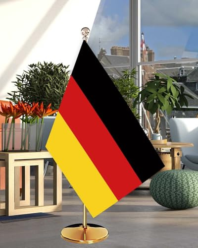 Große 90×150 CM Deutschland Flagge mit 2 Meter Goldenem Fahnenmast und Basis Büroflagge, 150D Deutsch banner,Strapazierfähige Deutschlandfahne Dekor Messingösen Office Germany